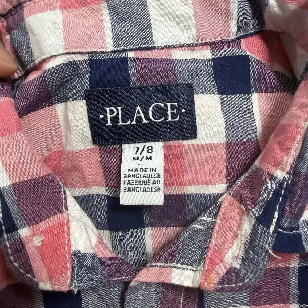 Childrens Place: Boys Long-Sleeve Button-Up Dress Shirt, Pink/Navy Plaid Sz 7/8